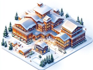 Naklejka premium Winter Wonderland Mountain Resort Isometric Illustration A Cozy Ski Lodge nestled in snowy peaks offering luxurious amenities and breathtaking views..