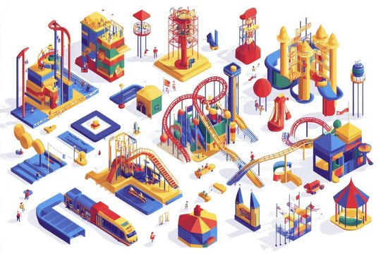 Amusement Park Isometric Illustration Colorful Rides and Attractions Fun Fair.