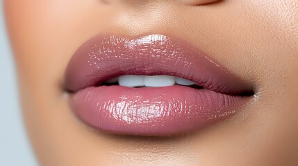 Fototapeta premium Close up of plump glossy lips with natural pink nude lipstick showing professional makeup application technique for beauty and cosmetic industry.