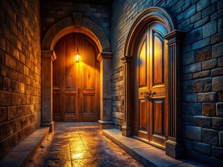 Fototapeta premium Sunlit Wooden Doorway to Mystical Stone Hallway - Night Photography Stock Photo