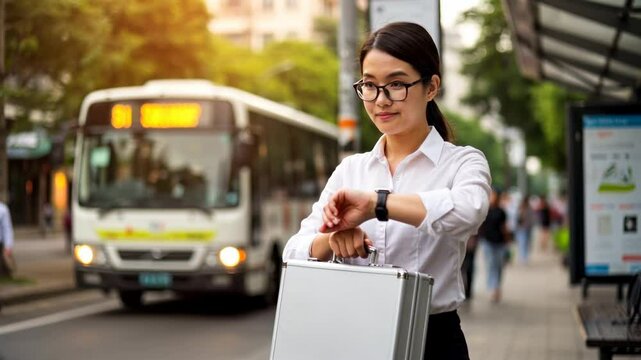 Young professional hot mom checking time on her watch while waiting for a bus at a city stop