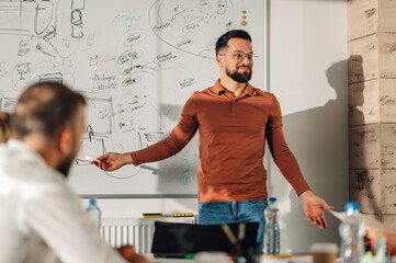 Software developer explaining project to colleagues in meeting room