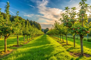 Naklejka premium Sunny South Limburg Orchard: Young Fruit Trees Growing in Lush Green Grass