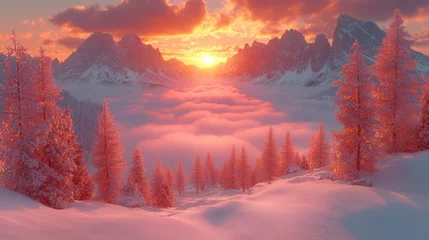 Fotobehang Majestic winter landscape scenery wallpaper with snow mountain forest © Joyce