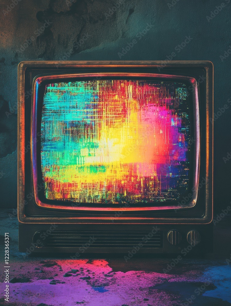 Poster retro television screen displaying colorful glitch patterns with vibrant static noise in a dark sett