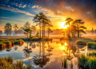 Fototapeta premium Sun Rising Over Misty Swamp, Dawn in the Everglades, Aquatic Plants, Wildlife Habitat, Nature Photography