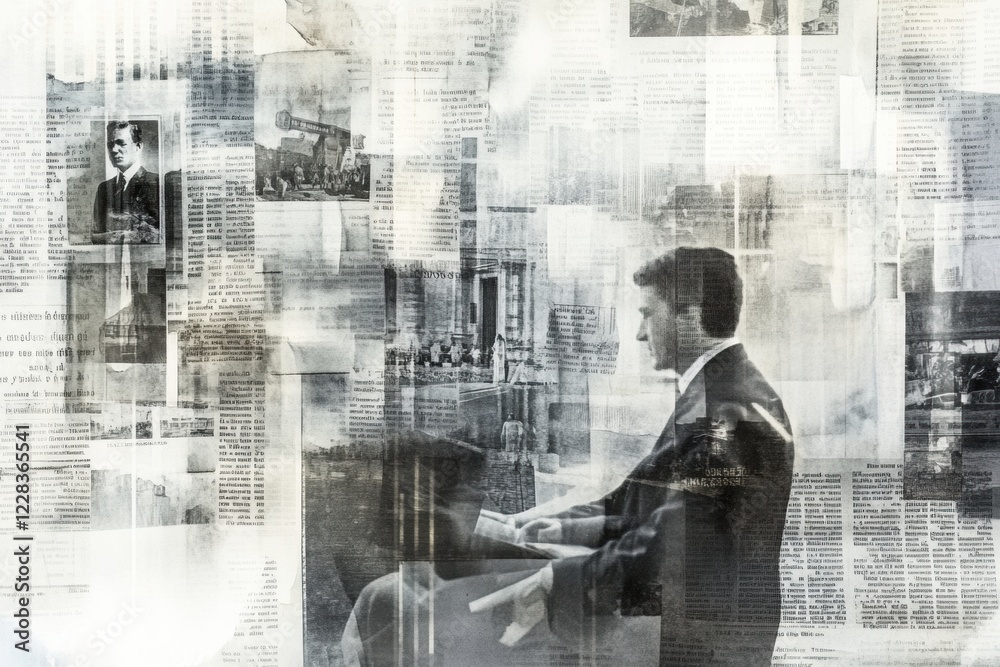 Poster overlapping vintage newspaper clippings creating a layered historical narrative of early 20th centur