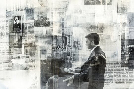 Overlapping vintage newspaper clippings creating a layered historical narrative of early 20th century events and personalities. Generative AI