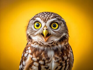 Fototapeta premium Surprised Owl on Yellow Background - Cute Bird Stock Photo