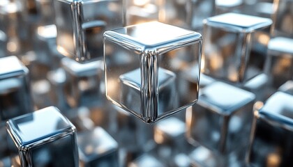 Multiple chrome cubes float in a grid formation over a light background, for design use