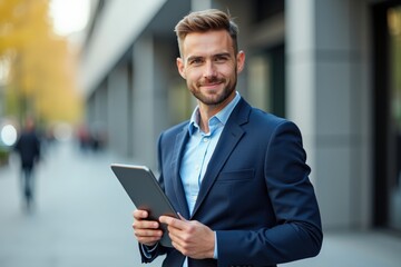 Fototapeta premium Professional Young Caucasian Man in Business Attire Holding a Tablet Outdoors in an Urban Setting with Bright Autumn Foliage in the Background