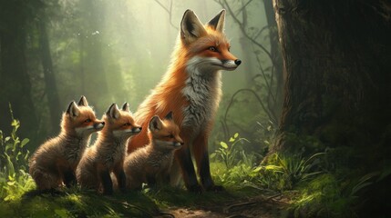 A Family of Foxes in a Lush Green Forest with Light Filtering Through the Trees