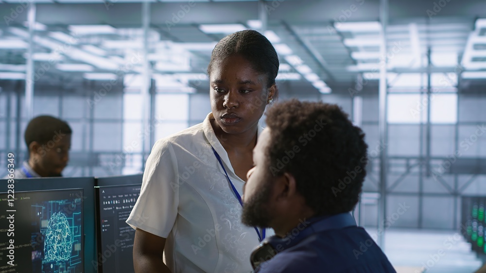 Poster manager taking feedback from data center engineer maintaining company network infrastructure. team l