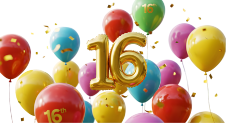 16 years enth celebration with number 10 gold metallic balloons withe  background PNG,., G