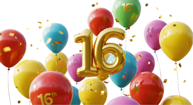 16 years enth celebration with number 10 gold metallic balloons withe background PNG,., G