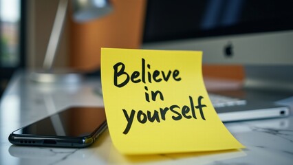 A yellow post-it note with "Believe in yourself" on a marble desk, accompanied by a high-end smartphone and desk lamp, inspiring self-confidence.