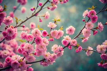 Obraz premium Surreal Blooming Sakura Branches: Pink Flowers on Gray, Oil Painting Style