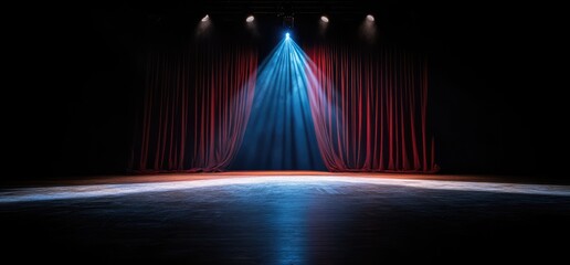 Lit stage, red curtains, spotlight, dark background; event backdrop