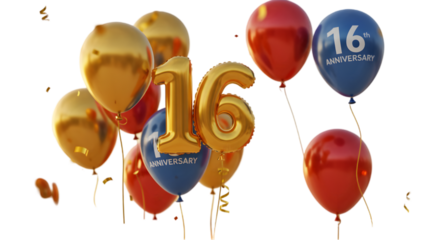 16 years anniversary vector design. Anniversary tenth celebration with  and confetti decoration elements.isolated withe  background PNG...