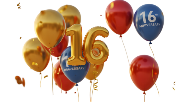 16 years anniversary vector design. Anniversary tenth celebration with  and confetti decoration elements.isolated withe  background PNG...