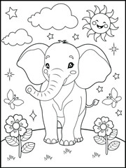 Illustration of a cute baby elephant cartoon character. Hand drawn Black and white Printable animal coloring page for kids. Children's coloring books, fun and educational materials.
