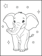 Illustration of a cute baby elephant cartoon character. Hand drawn Black and white Printable animal coloring page for kids. Children's coloring books, fun and educational materials.
