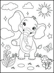 Illustration of a cute baby elephant cartoon character. Hand drawn Black and white Printable animal coloring page for kids. Children's coloring books, fun and educational materials.
