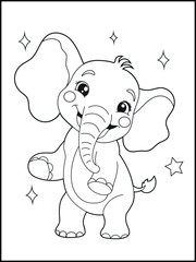 Illustration of a cute baby elephant cartoon character. Hand drawn Black and white Printable animal coloring page for kids. Children's coloring books, fun and educational materials.
