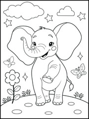 Illustration of a cute baby elephant cartoon character. Hand drawn Black and white Printable animal coloring page for kids. Children's coloring books, fun and educational materials.
