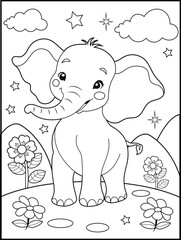 Illustration of a cute baby elephant cartoon character. Hand drawn Black and white Printable animal coloring page for kids. Children's coloring books, fun and educational materials.
