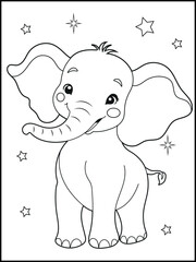 Illustration of a cute baby elephant cartoon character. Hand drawn Black and white Printable animal coloring page for kids. Children's coloring books, fun and educational materials.
