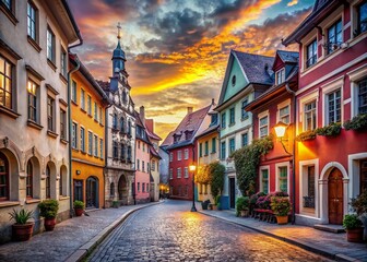 Obraz premium Surreal European Old Town: Dreamlike Cobblestone Streets & Historic Architecture