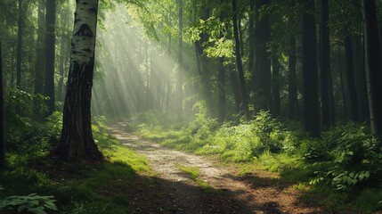Obraz premium Serene forest path illuminated by sunlight, surrounded by lush greenery and tall trees