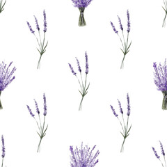 Naklejka premium Lavender seamless pattern on a clean white background. Watercolor botanical art for use in cards, wallpapers, packaging, invitations, crafting, decoupage