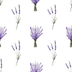 Naklejka premium Lavender flowers seamless pattern isolated on white background. Watercolor botanical illustration.