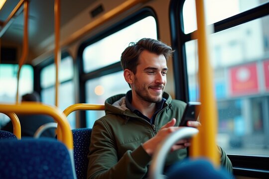 A Young Man Enjoys His Commute on a City Bus While Using His Smartphone, Capturing the Modern Urban Experience of Public Transportation