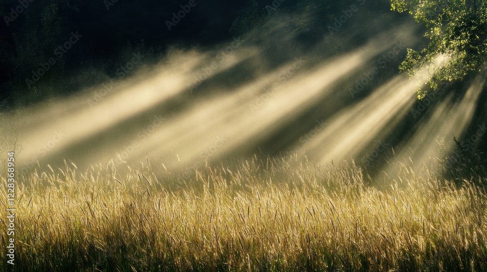 Fototapete rays illuminate golden wheat fields at dusk creating a serene and tranquil landscape. generative ai
