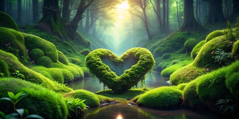 Surreal Green Moss Heart: Nature's Love Message, Fantasy Photography