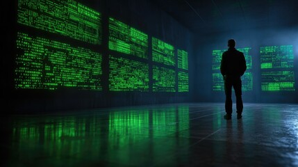 Obraz premium Man reviewing data, dark room, digital code, future tech
