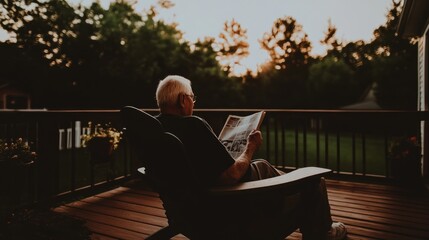 Elderly man relaxing outdoors on a deck, reading a book at sunset.