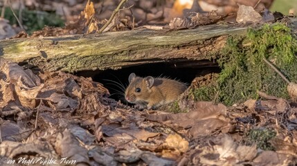 Fototapeta premium Small brown rodent peeking from a log in autumn leaves.