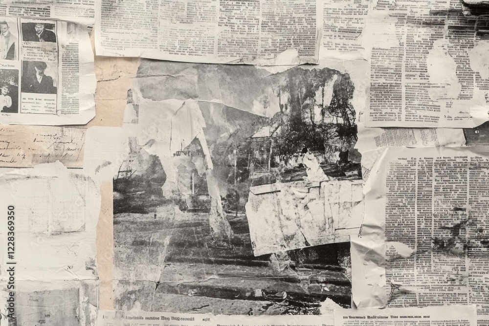 Aufkleber overlapping vintage newspaper clippings showcasing historical events with faded photographs and arti