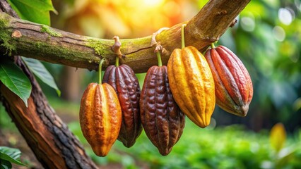 Rich aroma of cocoa pods hanging from a wooden branch with a few ripe and overripe pods contrasting each other on the tree trunk , nature, tropical