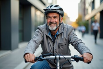 Fototapeta premium Elderly Man Rides Bicycle on City Street: A Joyful Journey Through Urban Life Captured During a Bright Day