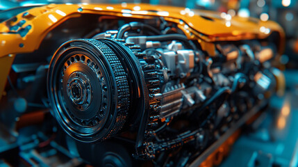 Fototapeta premium Close-up of a car engine in a workshop highlighting mechanical components and precision engineering minimalistic bright tone modern blurred empty blank caption space on the side