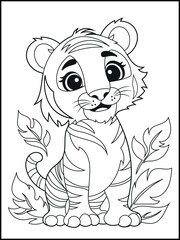 Illustration of a cute baby tiger cartoon character. Hand-drawn Black and white Printable animal coloring page for kids. Children's coloring books, fun and educational materials.
