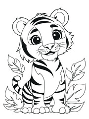 Illustration of a cute baby tiger cartoon character. Black and white Printable tiger coloring page for kids.
