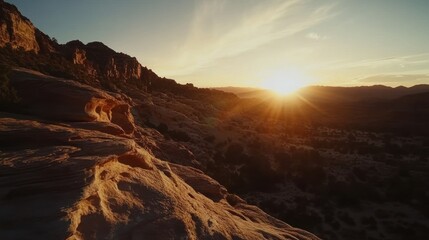 Fototapeta premium Majestic Sunset over Canyon Landscape: Golden Hour in Desert Mountains