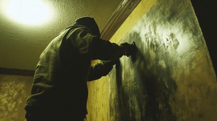 Fototapeta premium Hooded figure vandalizing a wall with spray paint in a dimly lit room.