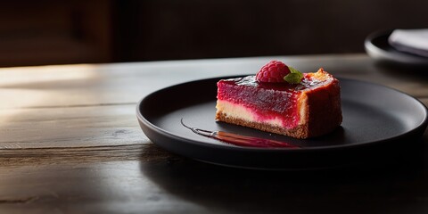 Minimalist slice of burnt Basque cheesecake served on a dark plate in a cozy cafe setting